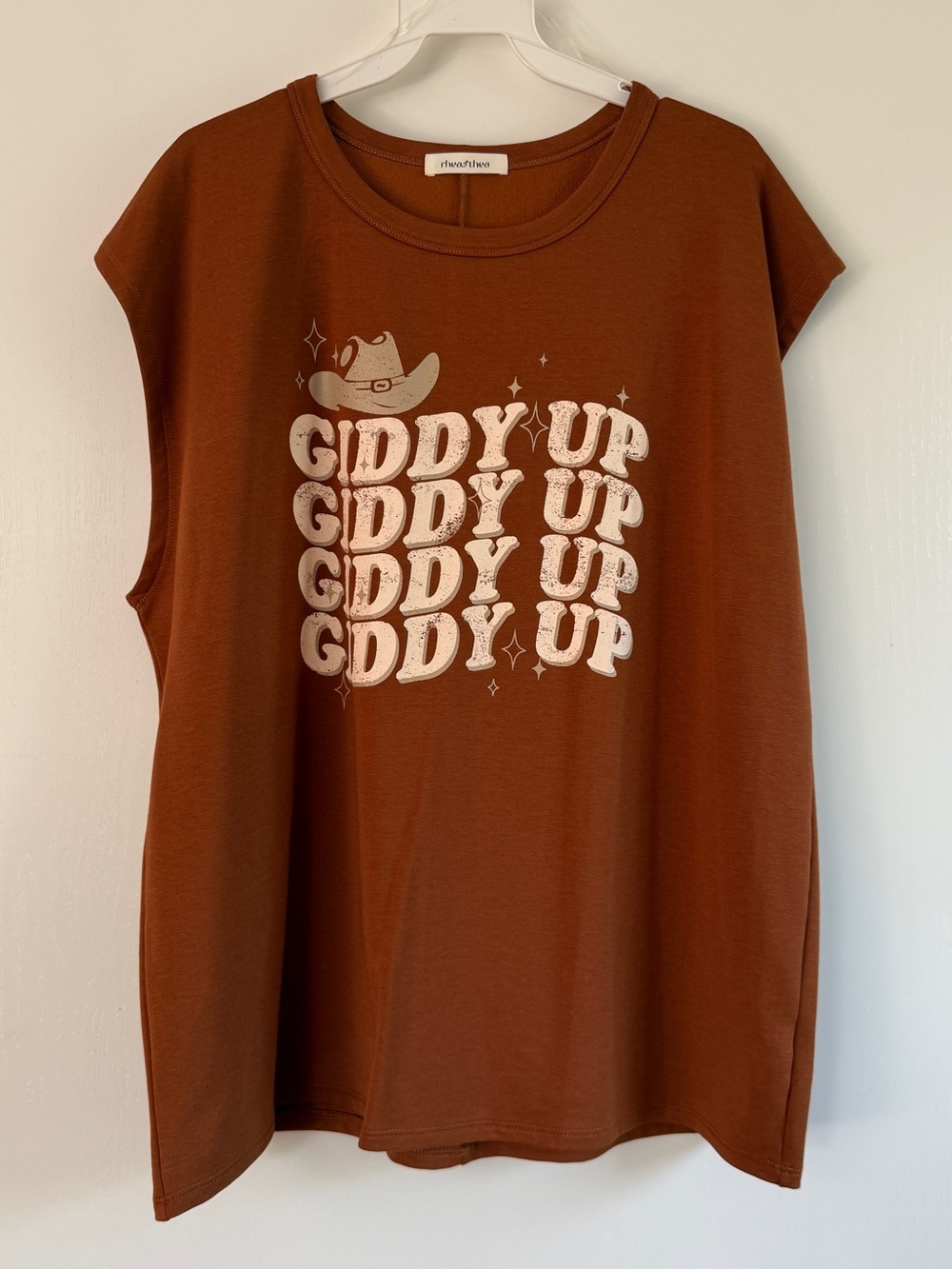 Western Cowboy Giddy Up Graphic Muscle Tee Top Brown Soft Fleece NWOT